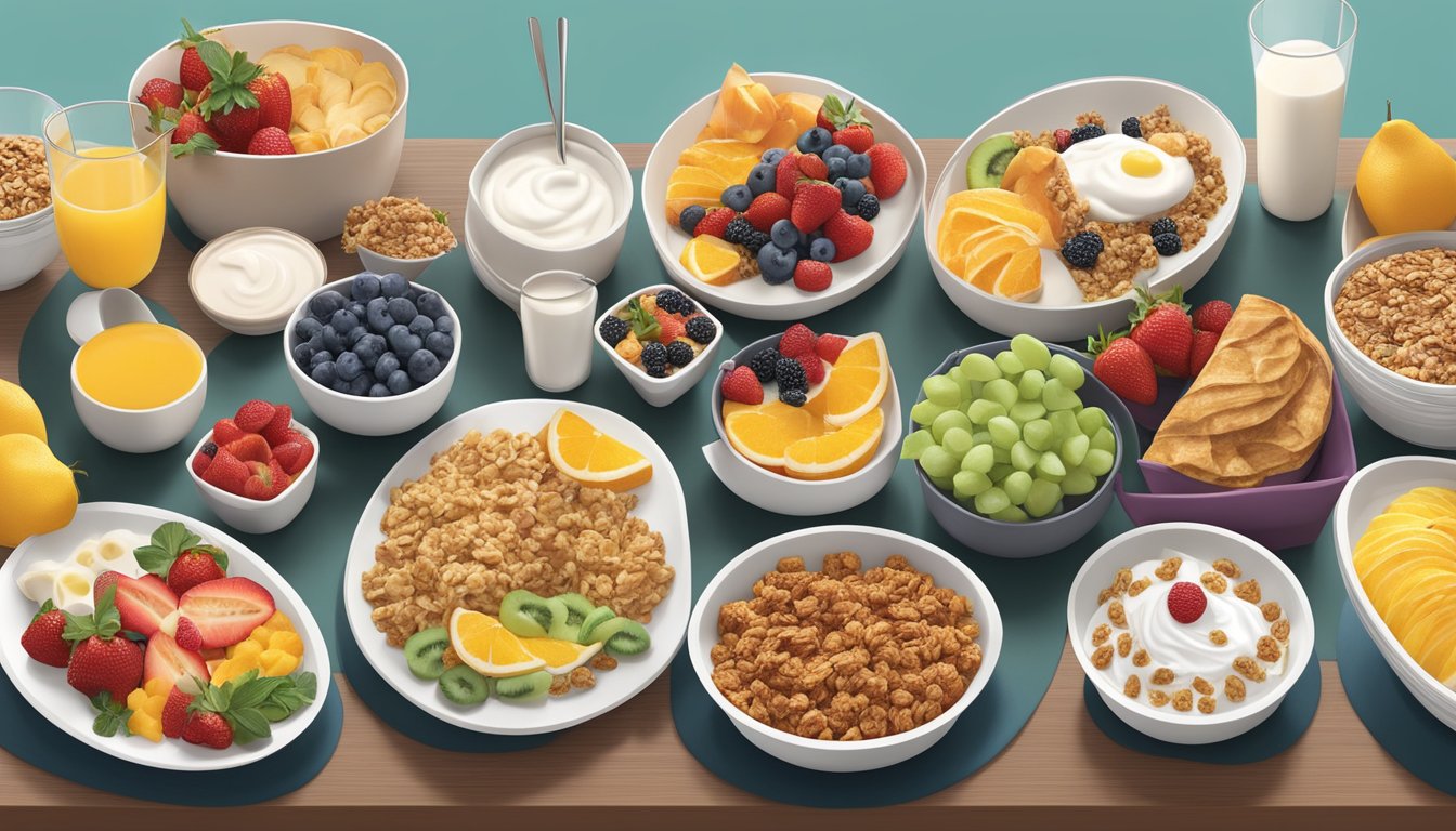 Golden Corral's breakfast buffet with a variety of fresh fruits, yogurt, granola, and plant-based options alongside traditional breakfast items