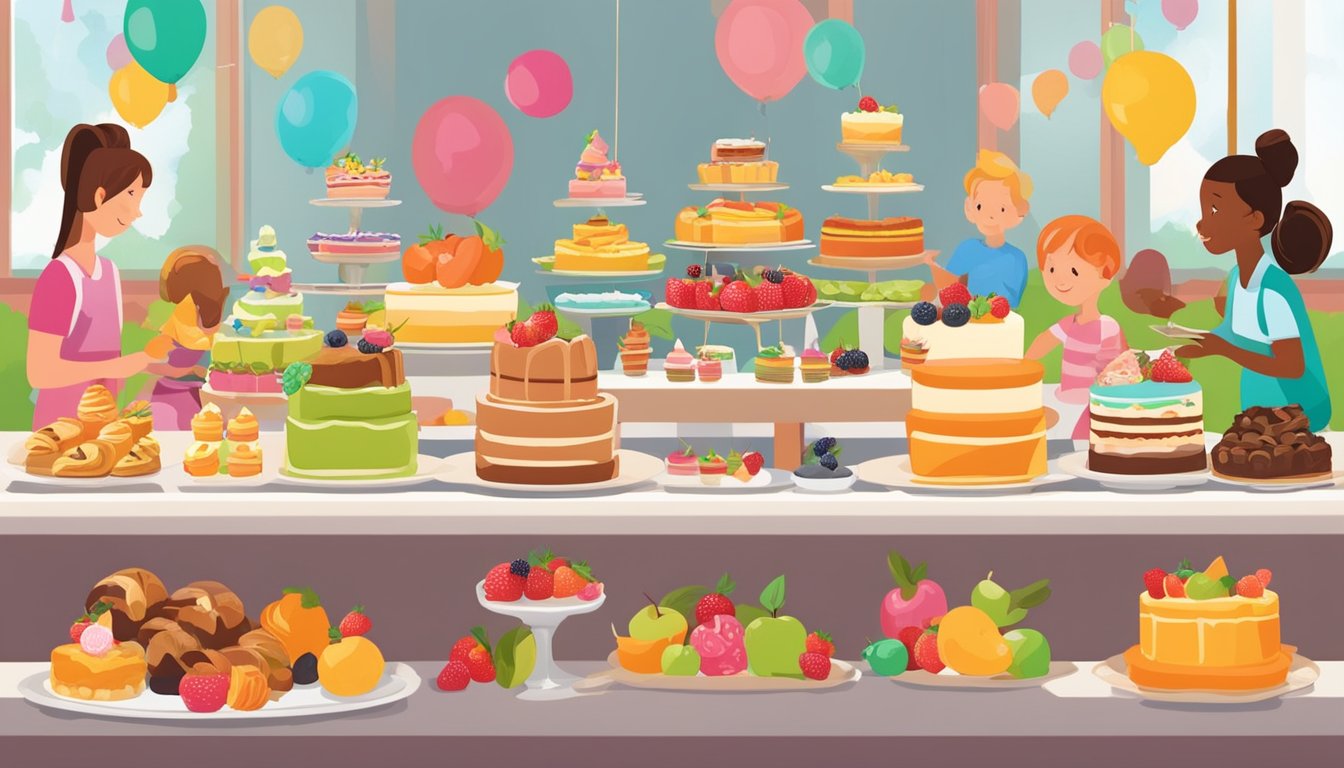 A colorful display of pastries, cakes, and fruit arranged on a buffet table, with children and adults selecting their favorite treats