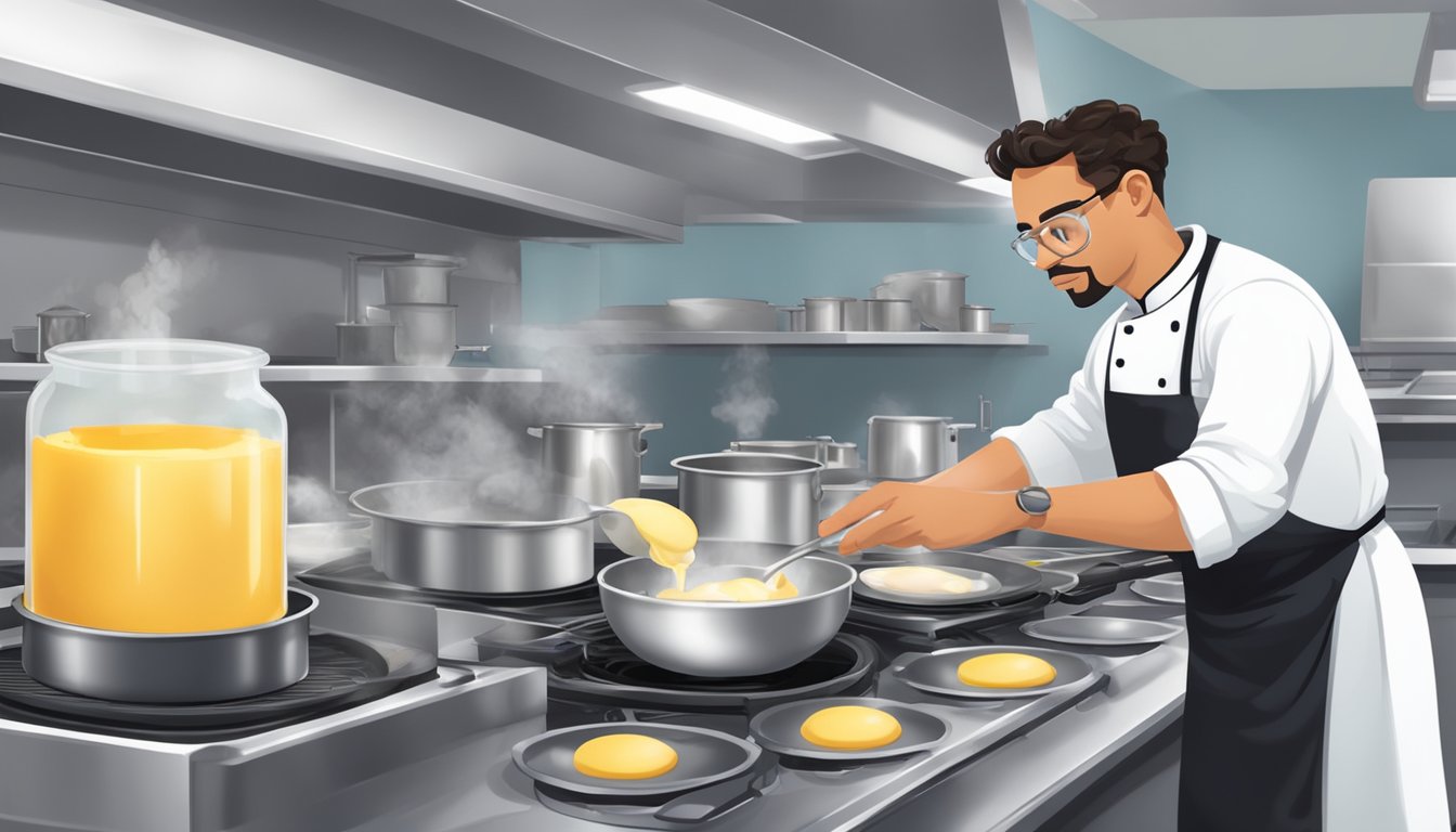 A chef carefully pours a mixture of eggs and milk into a sizzling pan, creating fluffy scrambled eggs. A science lab equipment is visible in the background