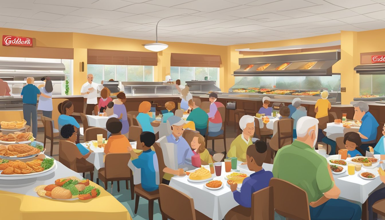 A bustling breakfast buffet at Golden Corral, with families, seniors, and children enjoying a variety of food and drink options