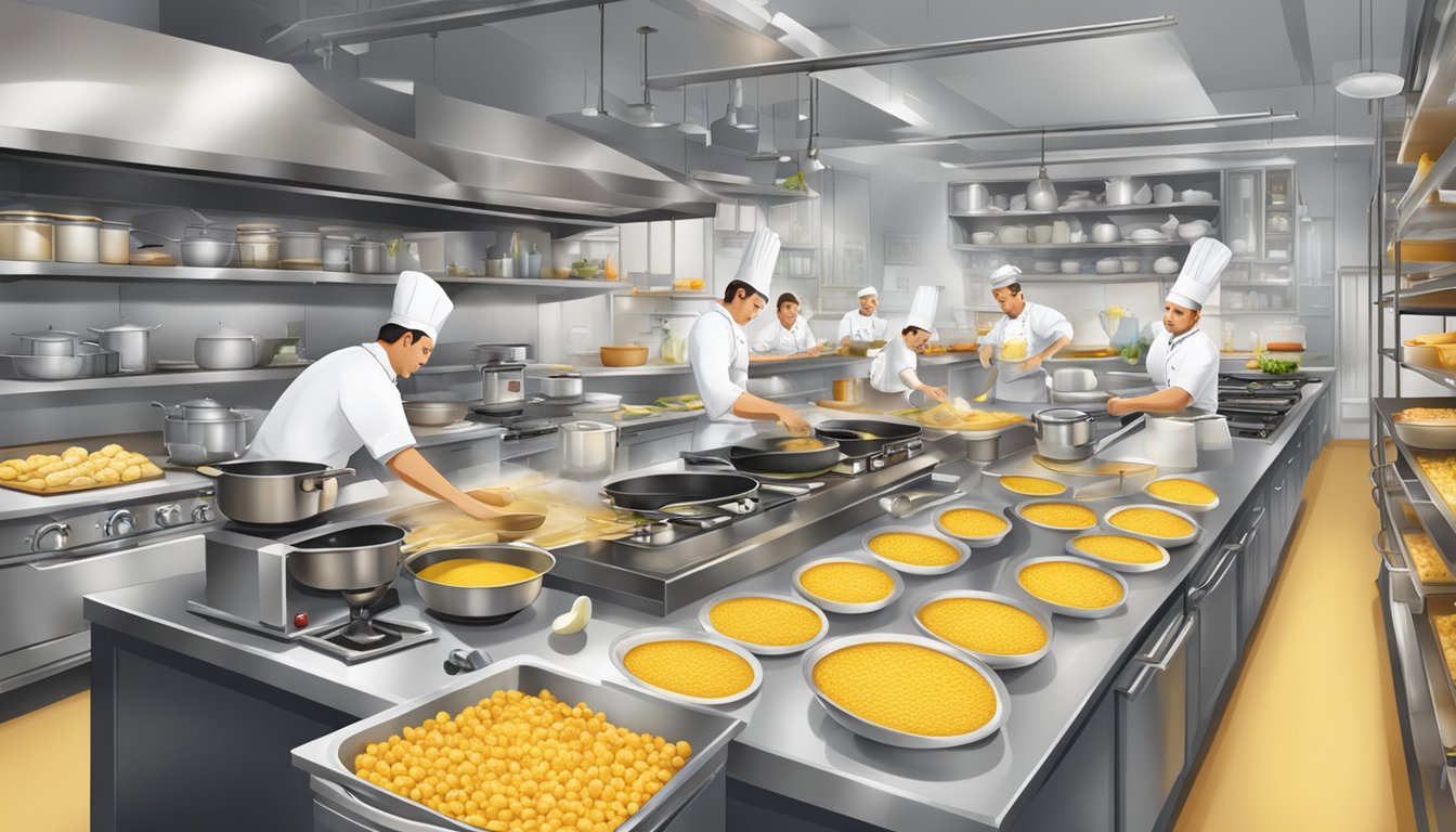 A bustling kitchen with chefs preparing golden scrambled eggs, surrounded by shelves of ingredients and cooking equipment