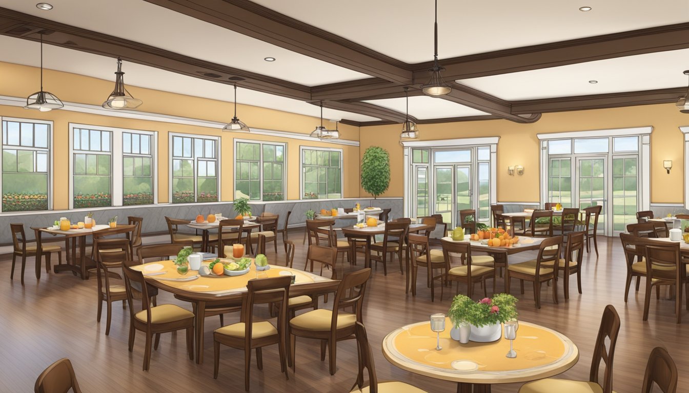 A large dining area with tables set for breakfast, featuring a variety of food options and different seating arrangements for families, children, and seniors