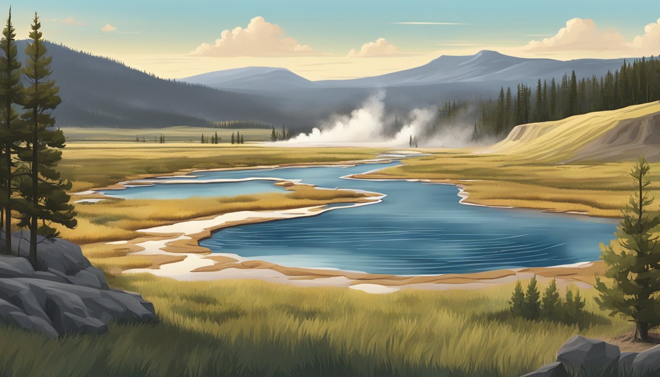 A serene landscape of Yellowstone National Park with a rustic ranch nestled among the rolling hills and geysers