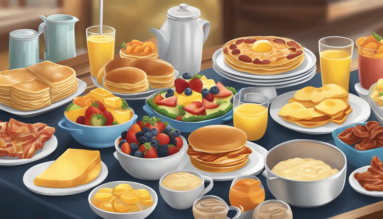 A buffet spread at Golden Corral featuring a variety of breakfast items, including fruit, pastries, eggs, bacon, and pancakes, with a focus on both indulgent and healthy options