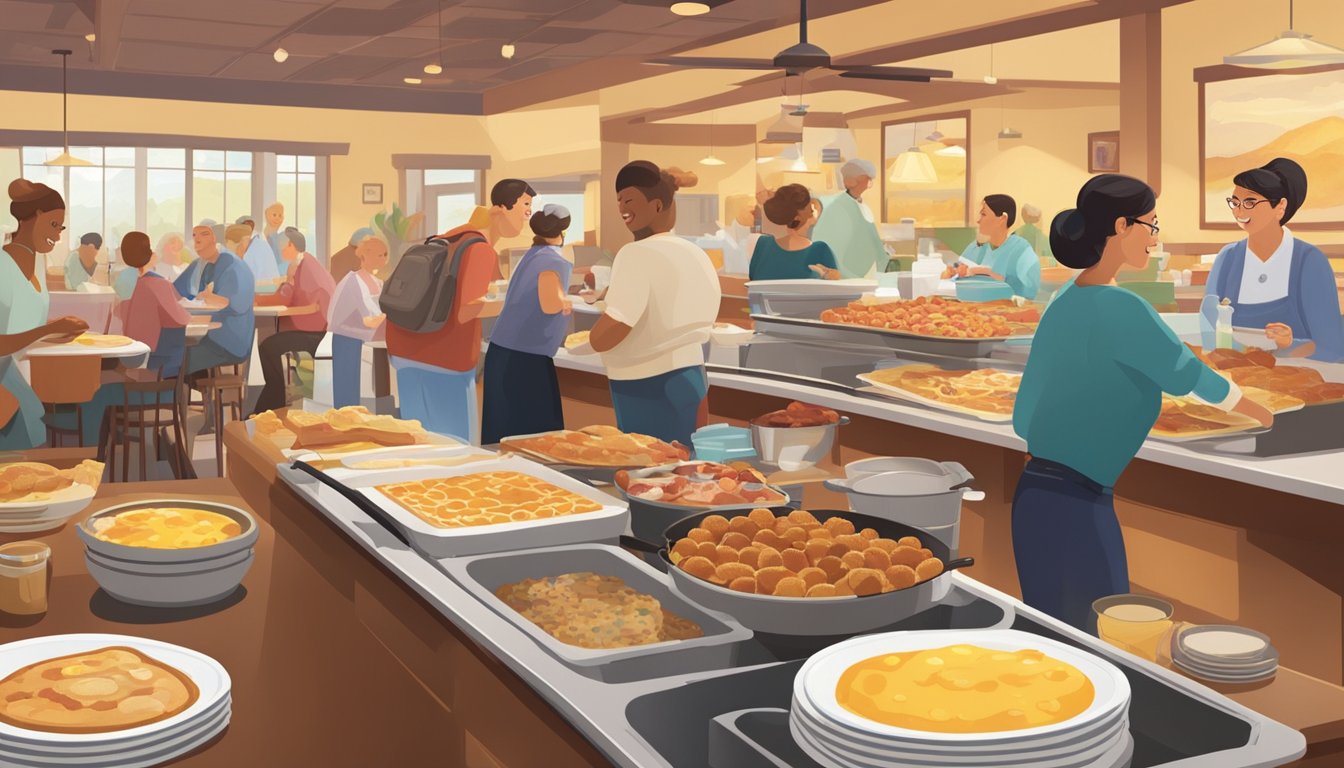 A bustling breakfast buffet at Golden Corral, filled with steaming trays of eggs, bacon, and pancakes. Diners chat and laugh, surrounded by warm, nostalgic decor