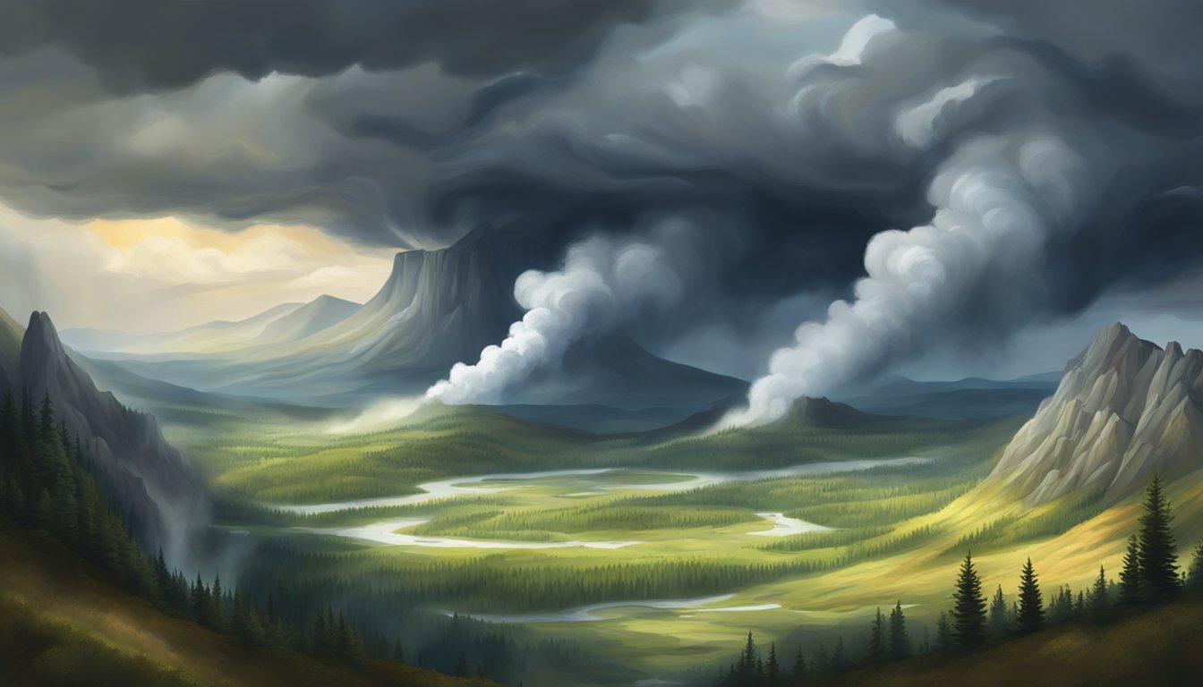 A vast, rugged landscape with geysers, forests, and mountains, under a dramatic sky with storm clouds