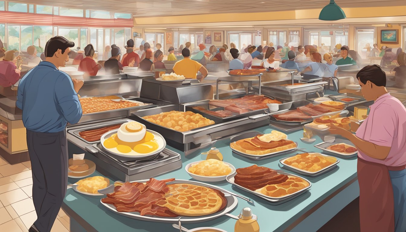 A bustling breakfast buffet at Golden Corral, with steaming trays of bacon, eggs, and pancakes, surrounded by nostalgic decor and happy diners