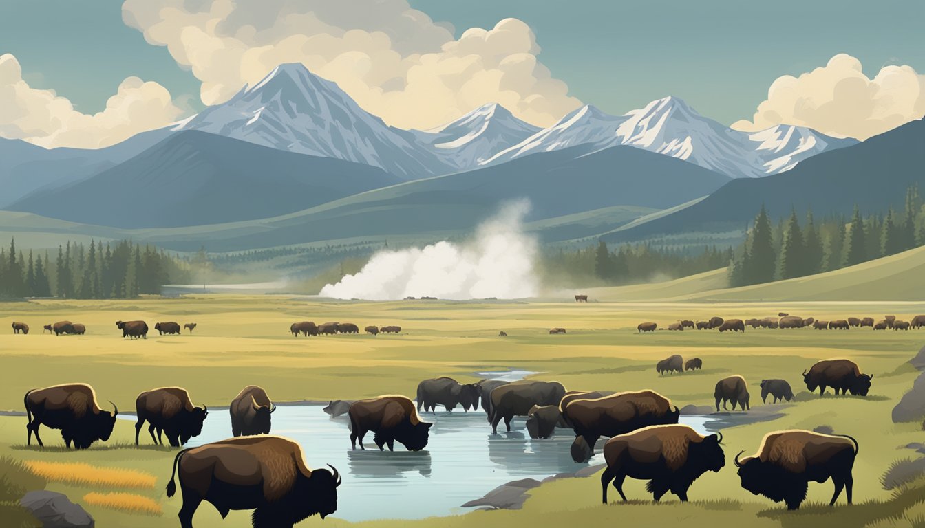 A sprawling ranch nestled in the majestic mountains, surrounded by grazing bison and geysers erupting in the distance