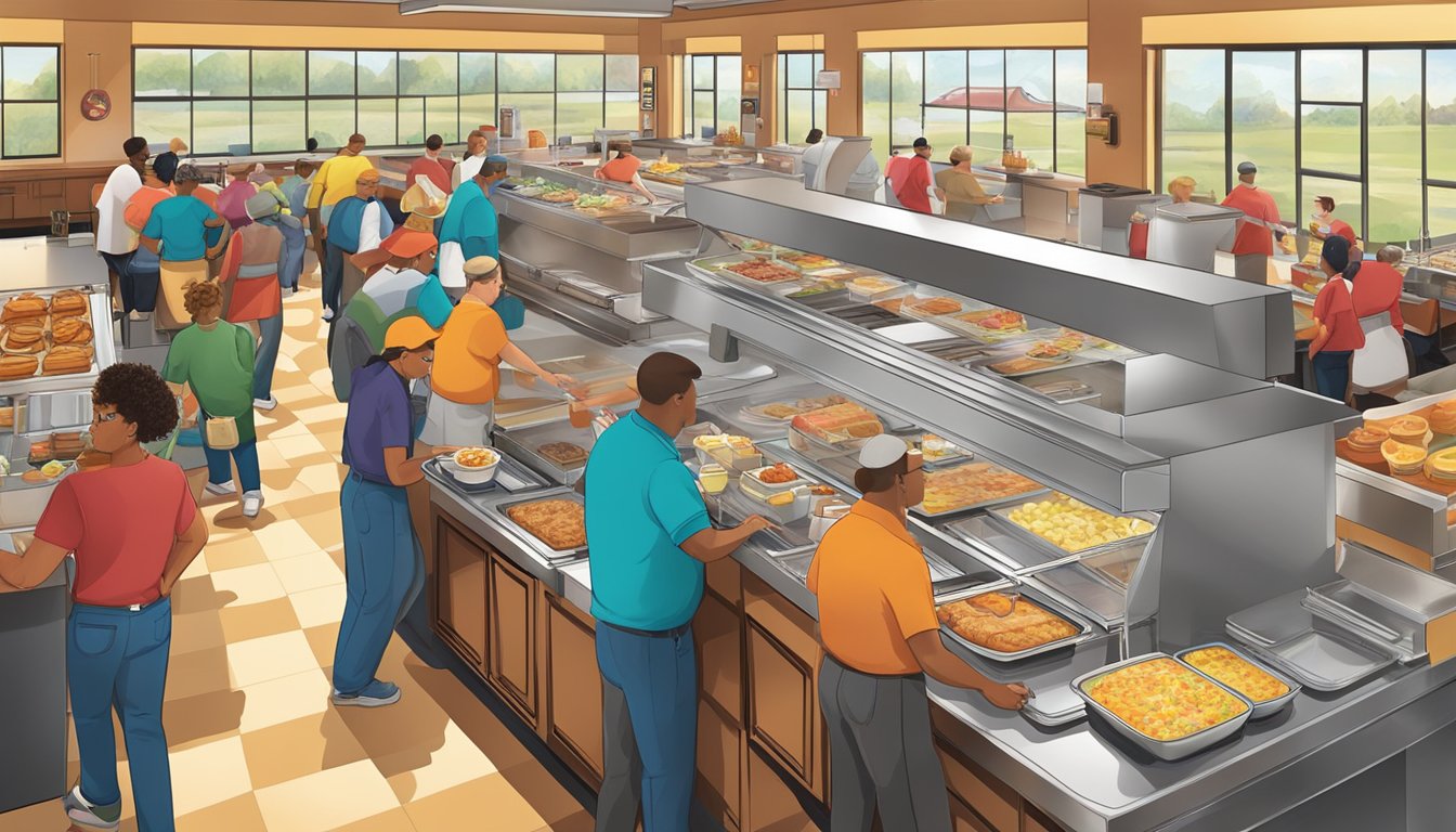 A bustling breakfast buffet at Golden Corral, with specialized stations for custom orders and a nostalgic atmosphere