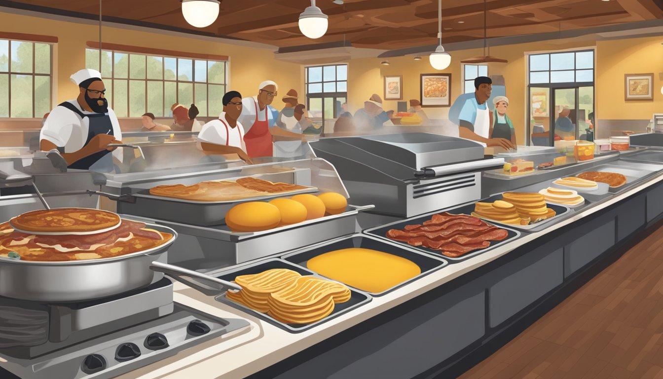 A bustling breakfast buffet at Golden Corral, with steaming trays of pancakes, bacon, and eggs. Nostalgic decor and friendly staff add to the welcoming atmosphere