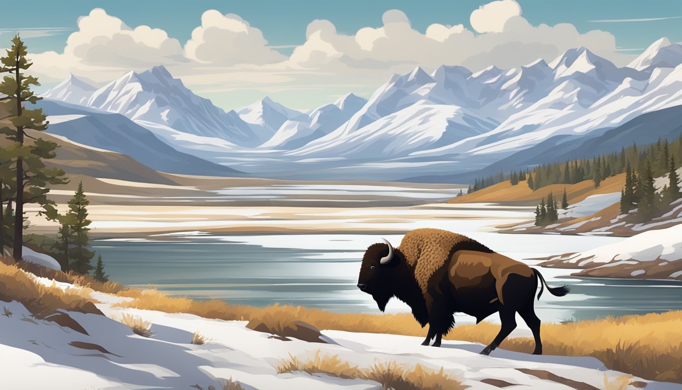 A vast, rugged landscape with rolling hills, grazing bison, and a flowing river, set against the backdrop of snow-capped mountains