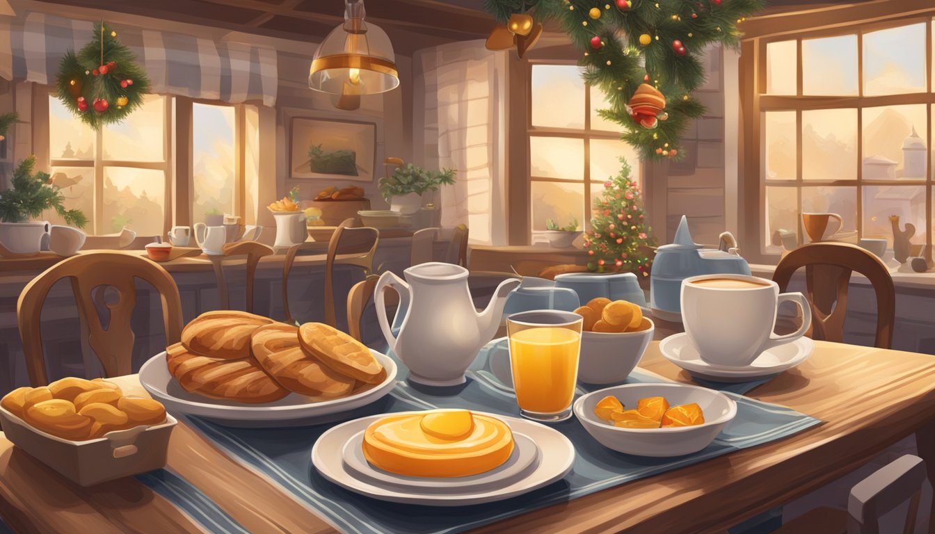 A cozy breakfast scene with a warm, inviting atmosphere, featuring seasonal decorations and nostalgic elements like vintage signage and classic breakfast items