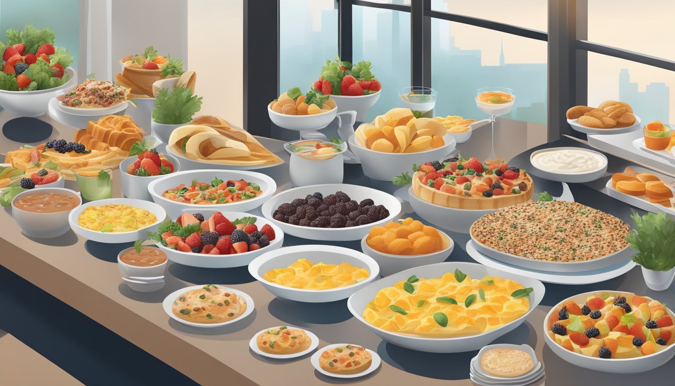 A buffet spread with a mix of indulgent and healthy breakfast options, including a variety of stations and menu highlights