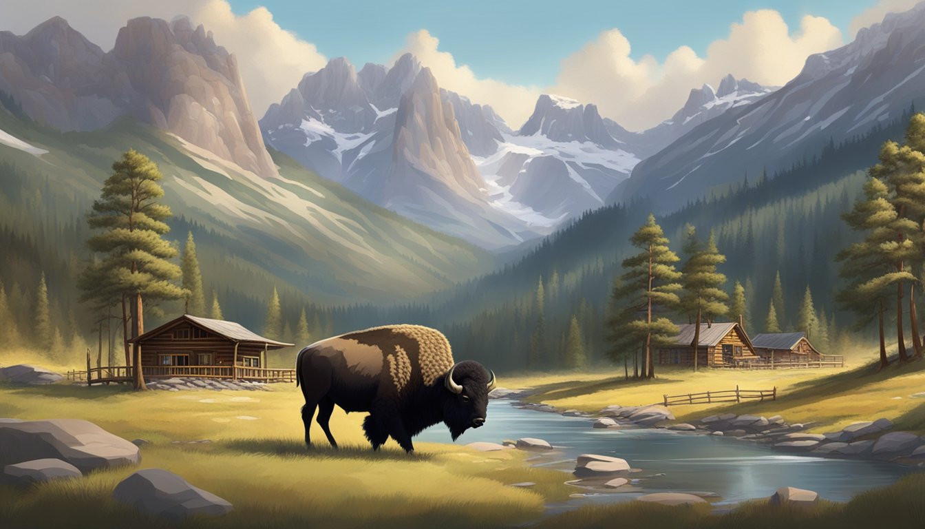 A sprawling ranch in the rugged mountains, with a grand lodge and grazing bison, surrounded by towering pine trees and a winding river