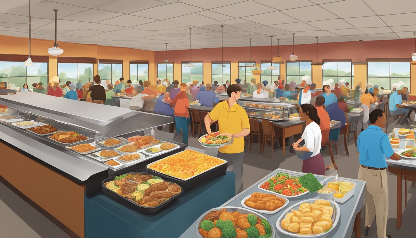 A bustling breakfast buffet at Golden Corral, with a variety of hot and cold dishes displayed on a long table, surrounded by eager patrons