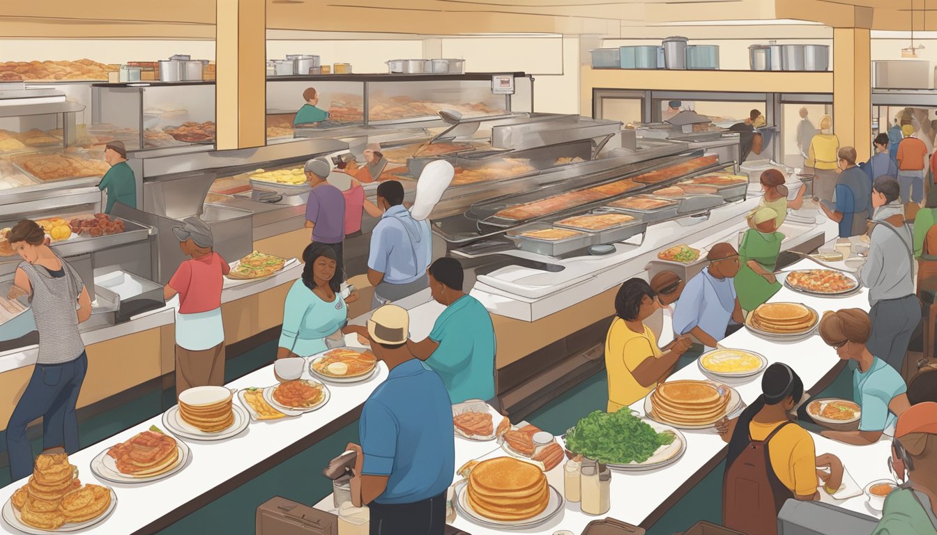 A bustling breakfast buffet at Golden Corral, with steaming trays of pancakes, bacon, and eggs, and a diverse array of patrons filling their plates