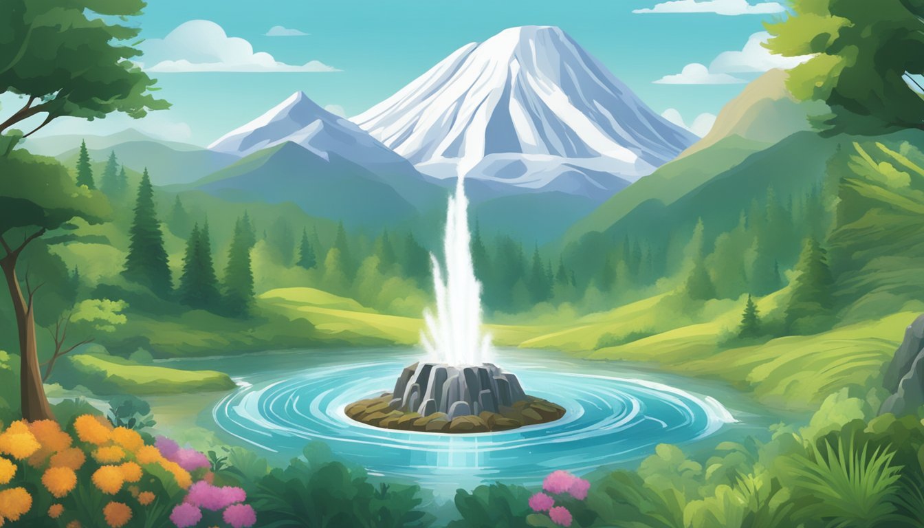 A bubbling geyser erupts amidst a backdrop of towering mountains and lush greenery, with wildlife roaming in the distance