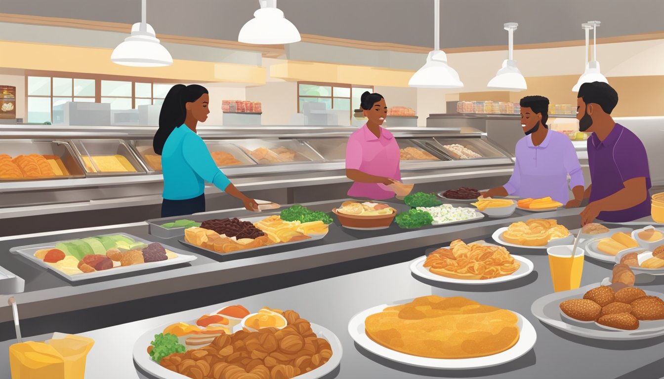 Customers selecting breakfast items at Golden Corral buffet. Variety of food displayed on the counter. Bright and inviting atmosphere