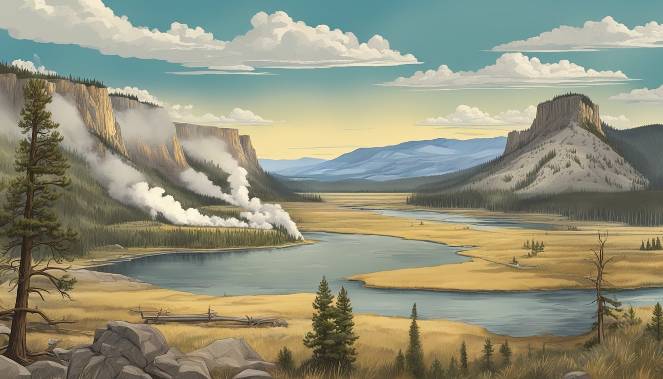 The scene shows the evolution of Yellowstone National Park, with historic landmarks and natural landscapes from 1883 to present day