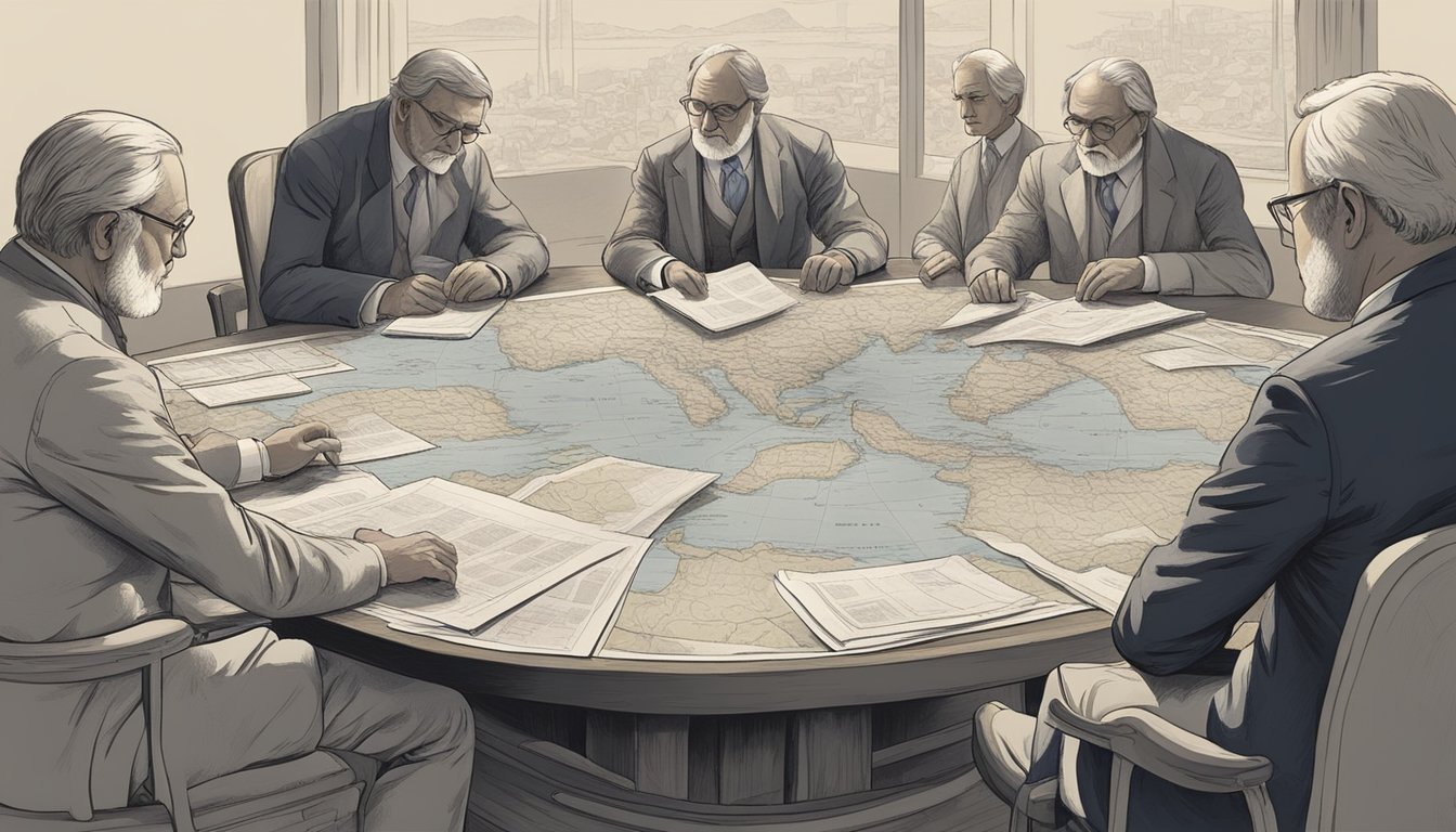 A group of stern-faced figures gather around a table, maps and documents spread out before them. Tensions are high as they engage in heated discussions over land boundaries