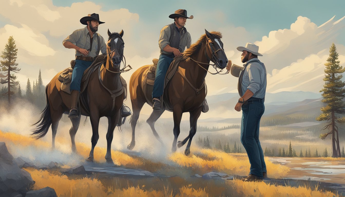 The key characters of Yellowstone stand in a tense confrontation, their body language and expressions reflecting the complex relational dynamics at play