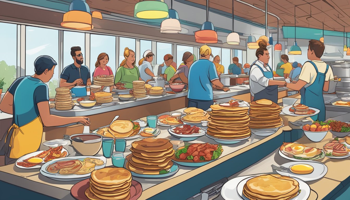 Customers piling plates high with pancakes, eggs, and bacon at a bustling breakfast buffet, surrounded by colorful signage promoting all-you-can-eat options