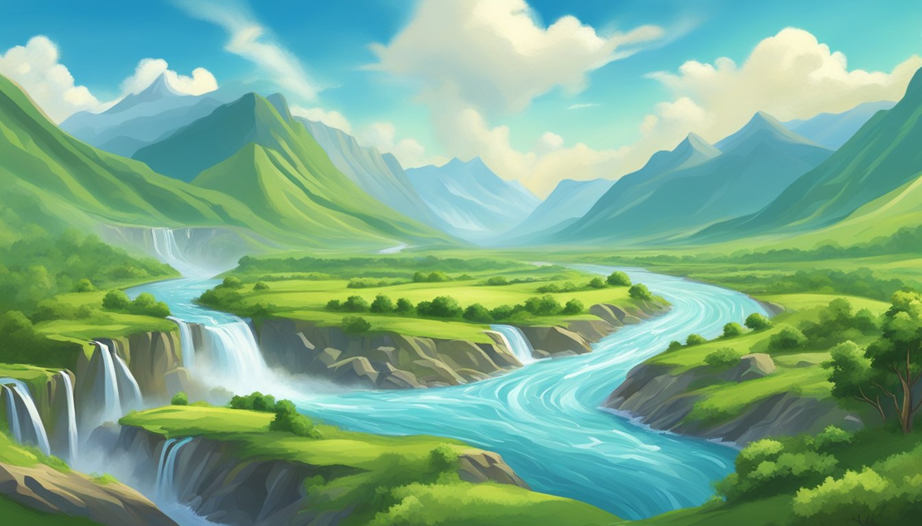 A flowing river winds through a lush, green valley, surrounded by towering mountains and steaming geysers, under a vast, blue sky