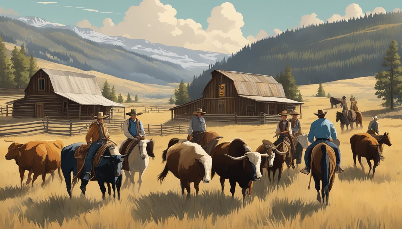 The key characters from Yellowstone gather in a rustic western setting, surrounded by rolling hills and grazing livestock