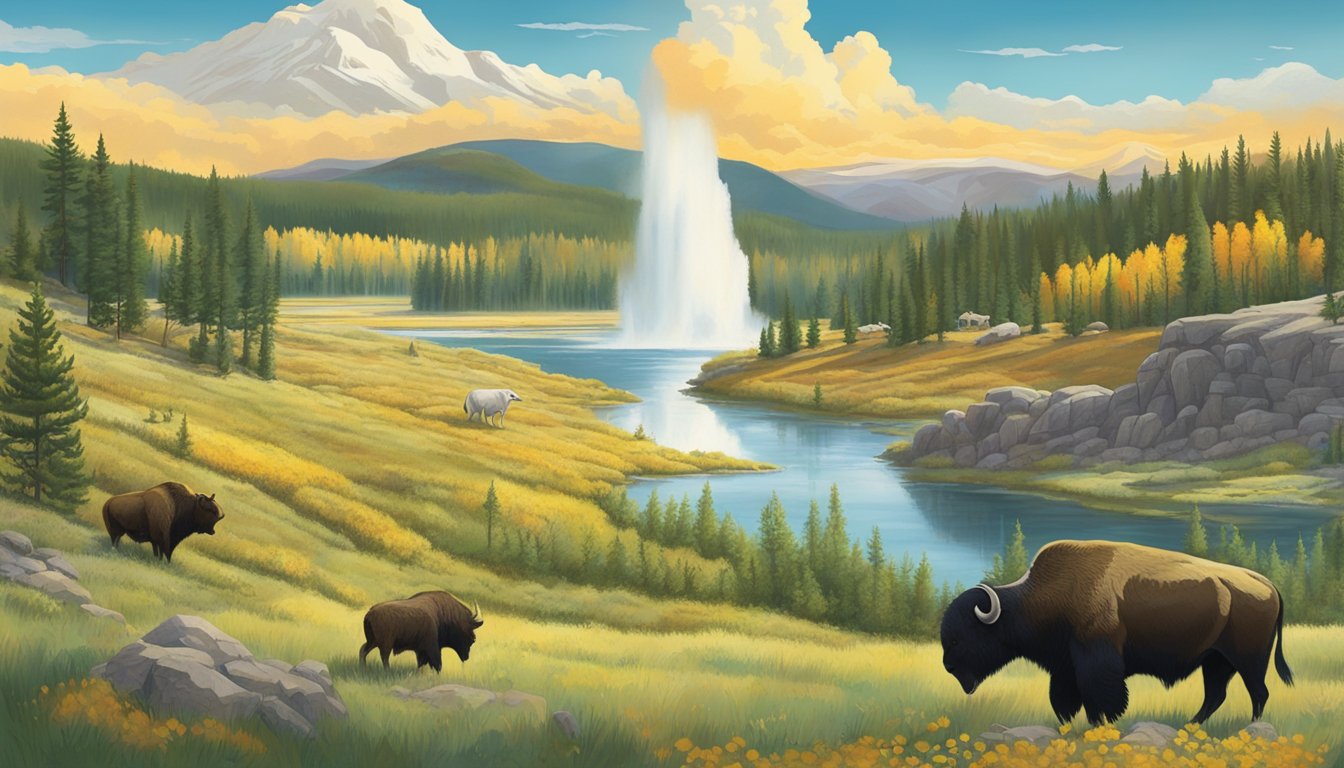 A lush, vibrant landscape with changing seasons, featuring iconic Yellowstone landmarks and wildlife, from the late 19th century to the present day