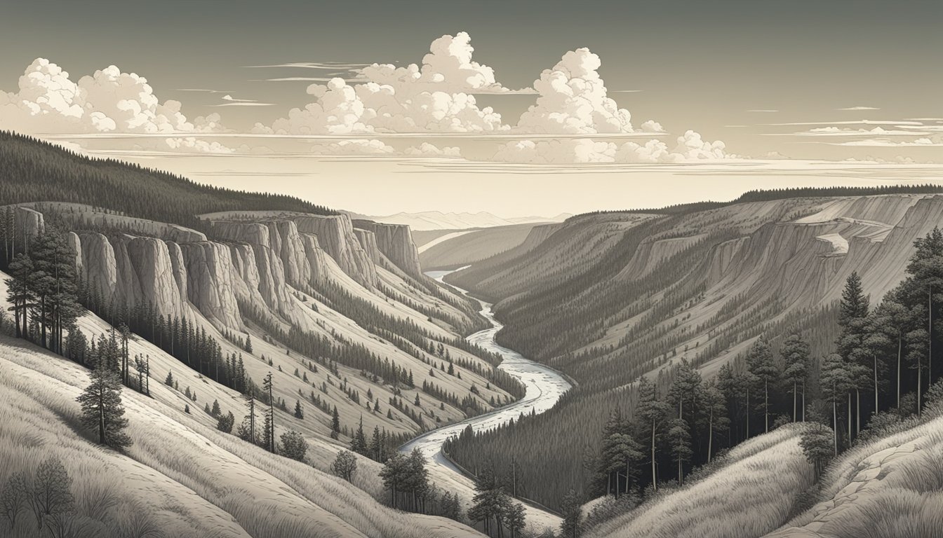 A vast, rugged landscape of rolling hills and dramatic cliffs, with a winding river cutting through the valley. Towering pine trees dot the horizon, creating a picturesque backdrop for the key characters in Yellowstone