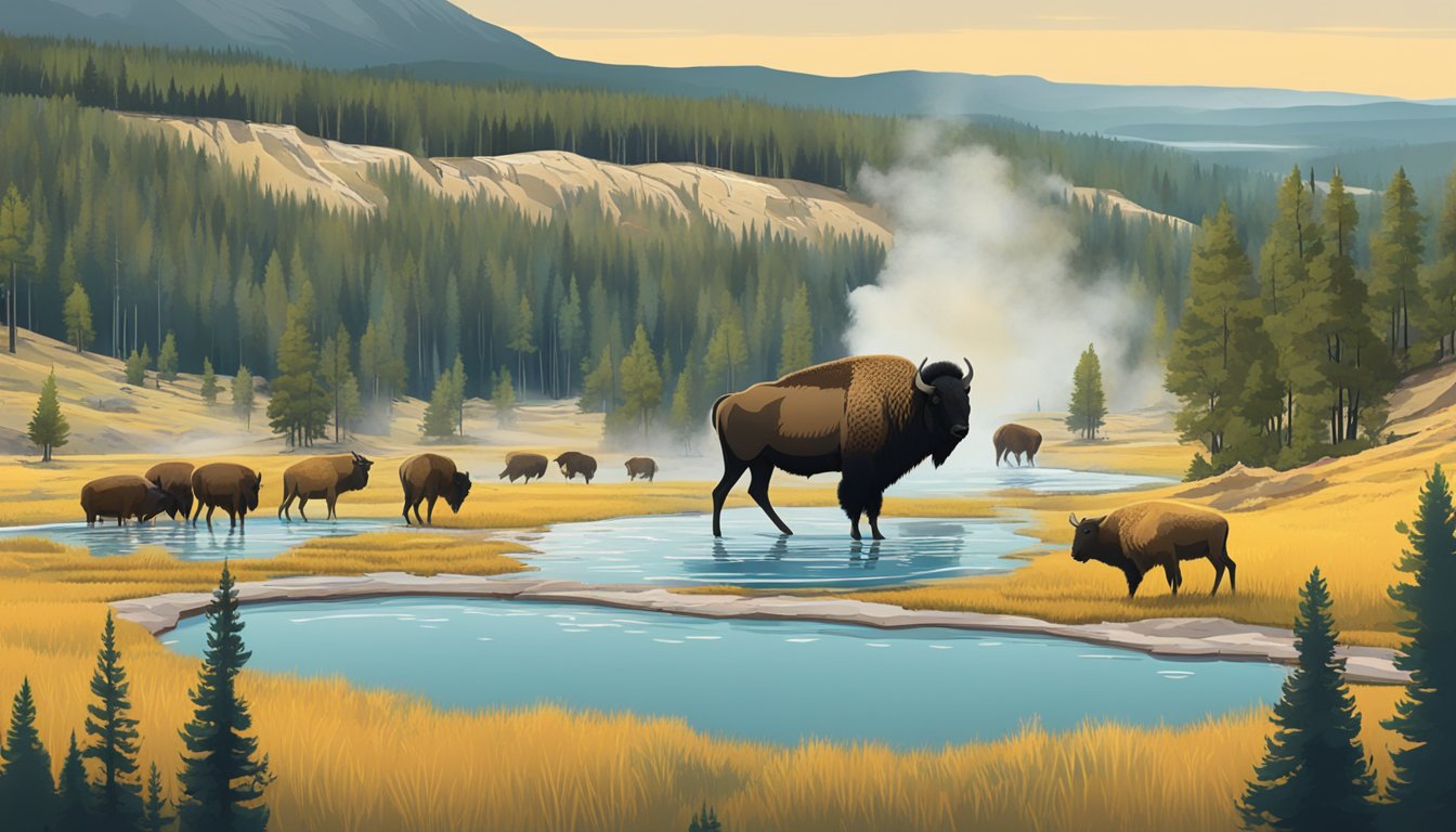 A panoramic view of Yellowstone National Park, with iconic wildlife such as bison, elk, and wolves roaming the landscape amidst geysers and colorful hot springs