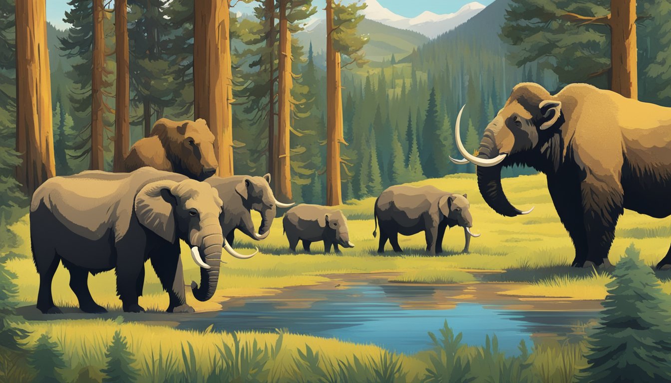 A group of iconic animals from the Yellowstone ecosystem gather in a lush, vibrant forest clearing, showcasing their unique characteristics and personalities