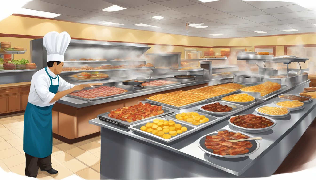 A bustling breakfast buffet at Golden Corral, with steam rising from trays of bacon, eggs, and pancakes. The chef carefully arranges fresh fruit and pastries on the display