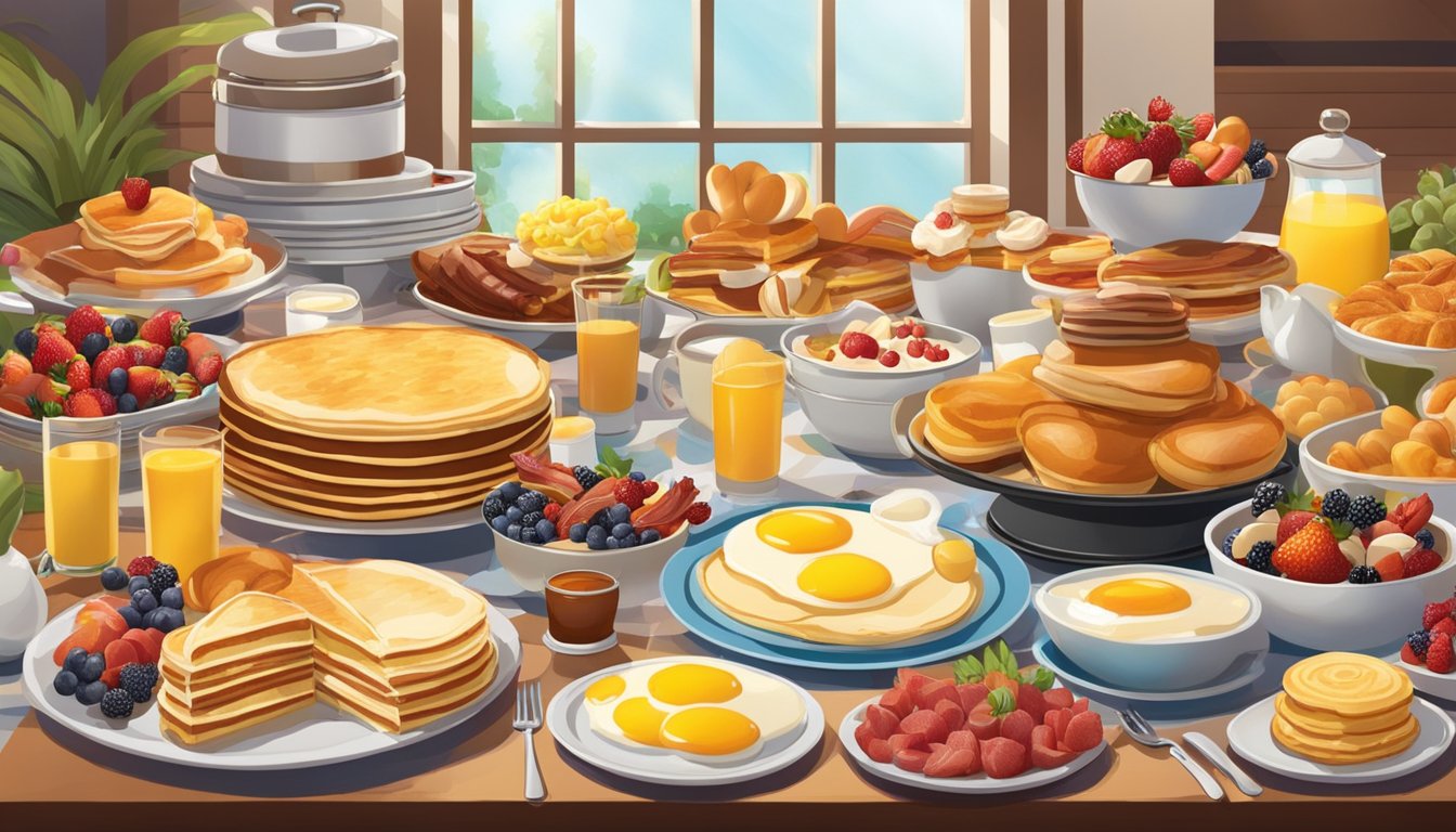 A bustling breakfast buffet with steaming trays of eggs, bacon, and pancakes, surrounded by colorful fruit displays and a variety of pastries