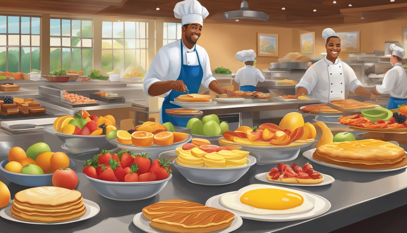 A chef prepares a colorful array of fresh fruits, eggs, bacon, pancakes, and pastries on a breakfast buffet table at Golden Corral