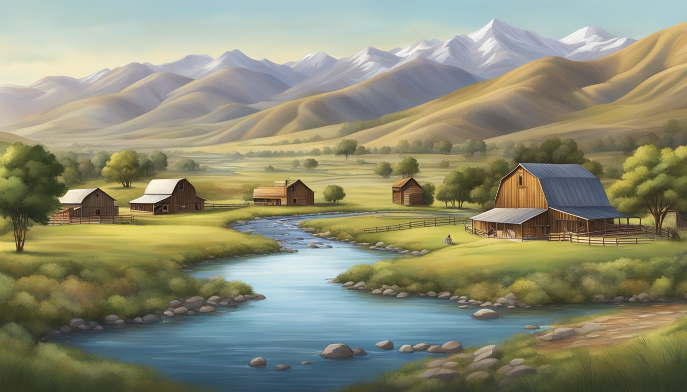 The Dutton Ranch: rolling hills, rustic barns, and grazing livestock, surrounded by towering mountains and a winding river