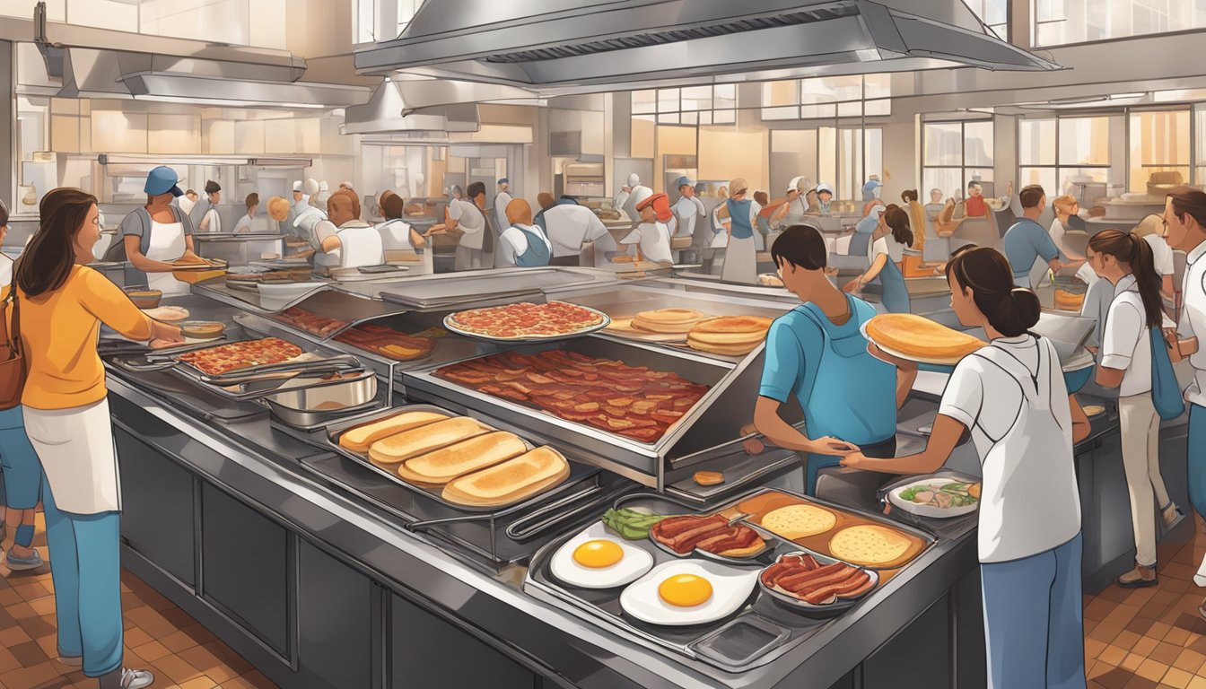 A bustling breakfast buffet with steaming trays of bacon, eggs, and pancakes, surrounded by eager diners and the sound of sizzling griddles