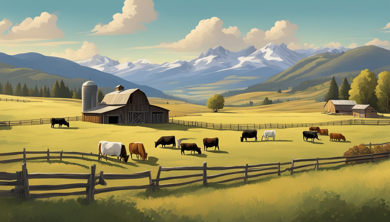 A sprawling ranch with grazing cattle, rolling hills, and a rustic barn, surrounded by mountains and under a big sky