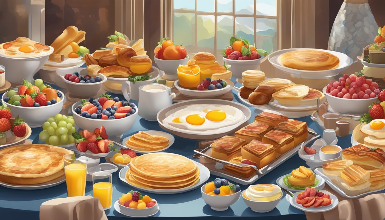 A bustling breakfast buffet with steaming trays of eggs, bacon, and pancakes, surrounded by colorful fruit displays and a variety of pastries