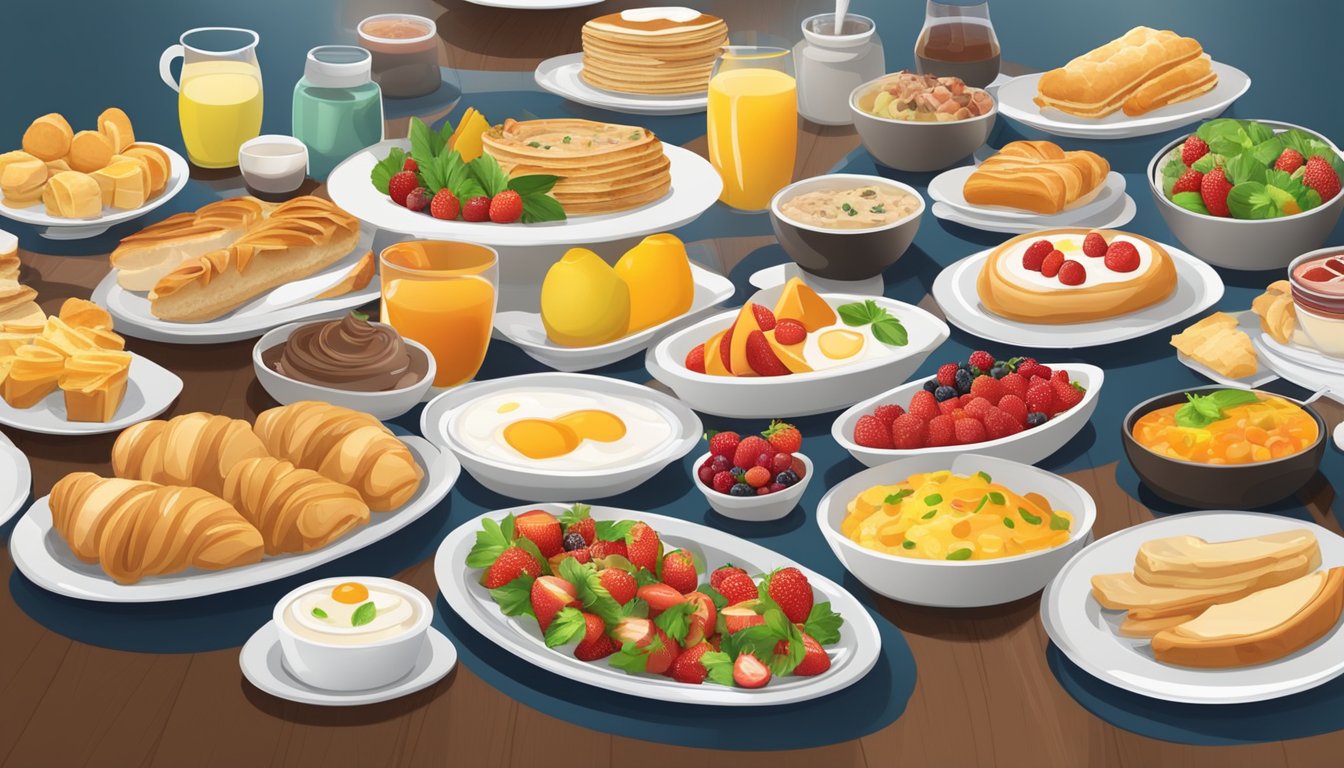 A bustling breakfast buffet with a variety of hot and cold dishes, fresh fruit, pastries, and condiments arranged neatly on a long table