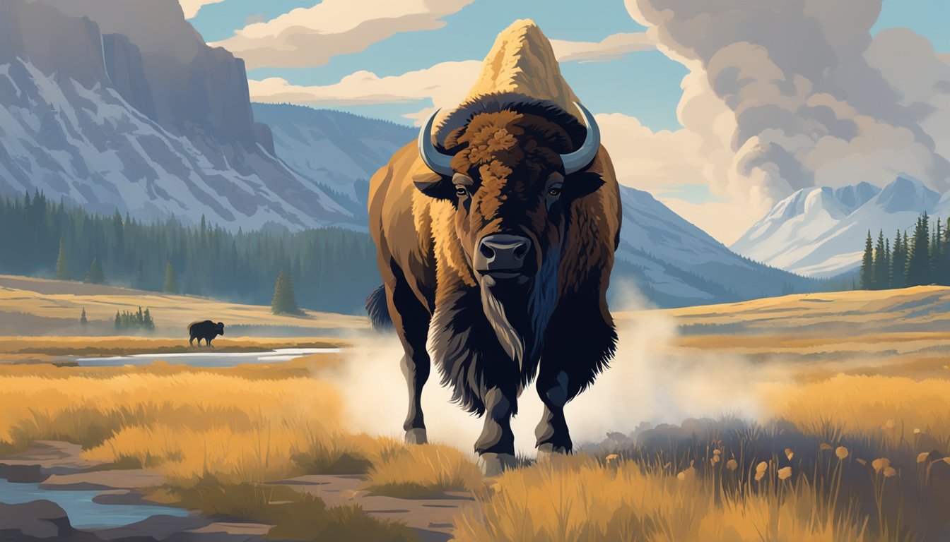 A majestic bison roams through the iconic landscapes of Yellowstone National Park, with a backdrop of geysers and mountains, symbolizing the impact of nature on popular culture