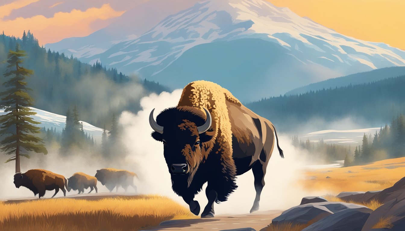 A majestic bison roams through a vibrant landscape of geysers and mountains, with tourists in awe of the natural wonder