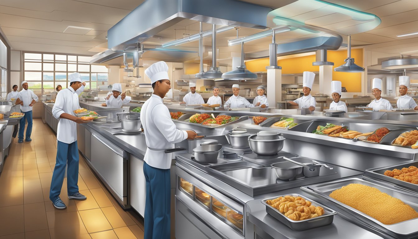 A bustling futuristic breakfast buffet at Golden Corral, featuring robotic chefs and advanced food preparation technology