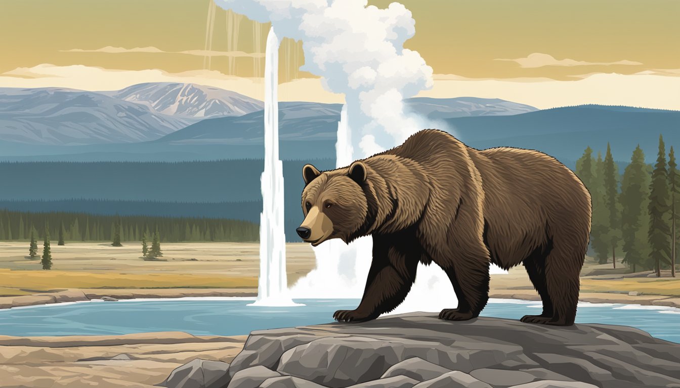 A grizzly bear and a wolf stand side by side in front of the iconic Old Faithful geyser, with the rugged mountains of Yellowstone National Park in the background