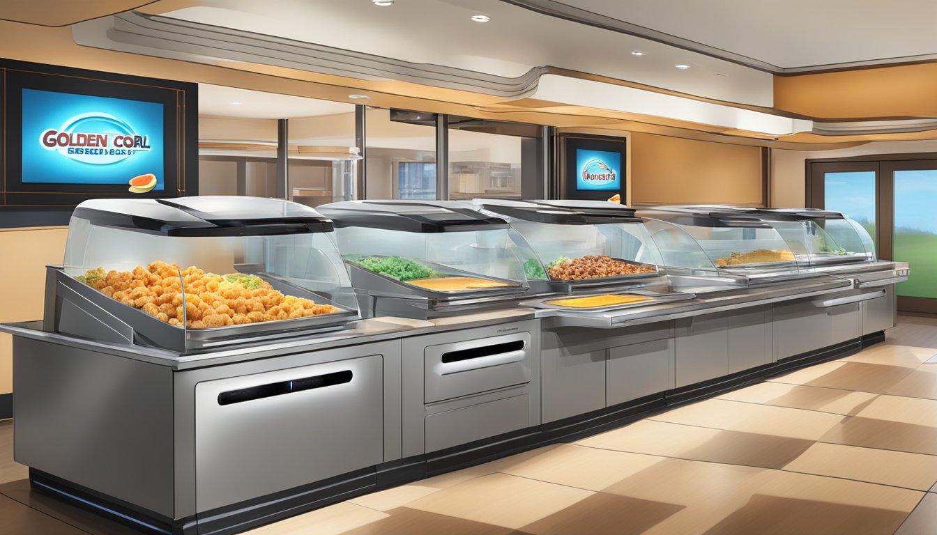 A sleek, futuristic buffet station with automated food dispensers and interactive touch screens. Bright, modern decor and innovative serving methods create a high-tech breakfast experience at Golden Corral