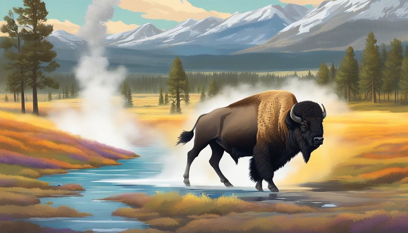 A majestic bison roams the colorful landscape of Yellowstone, with geysers erupting in the background and snow-capped mountains in the distance