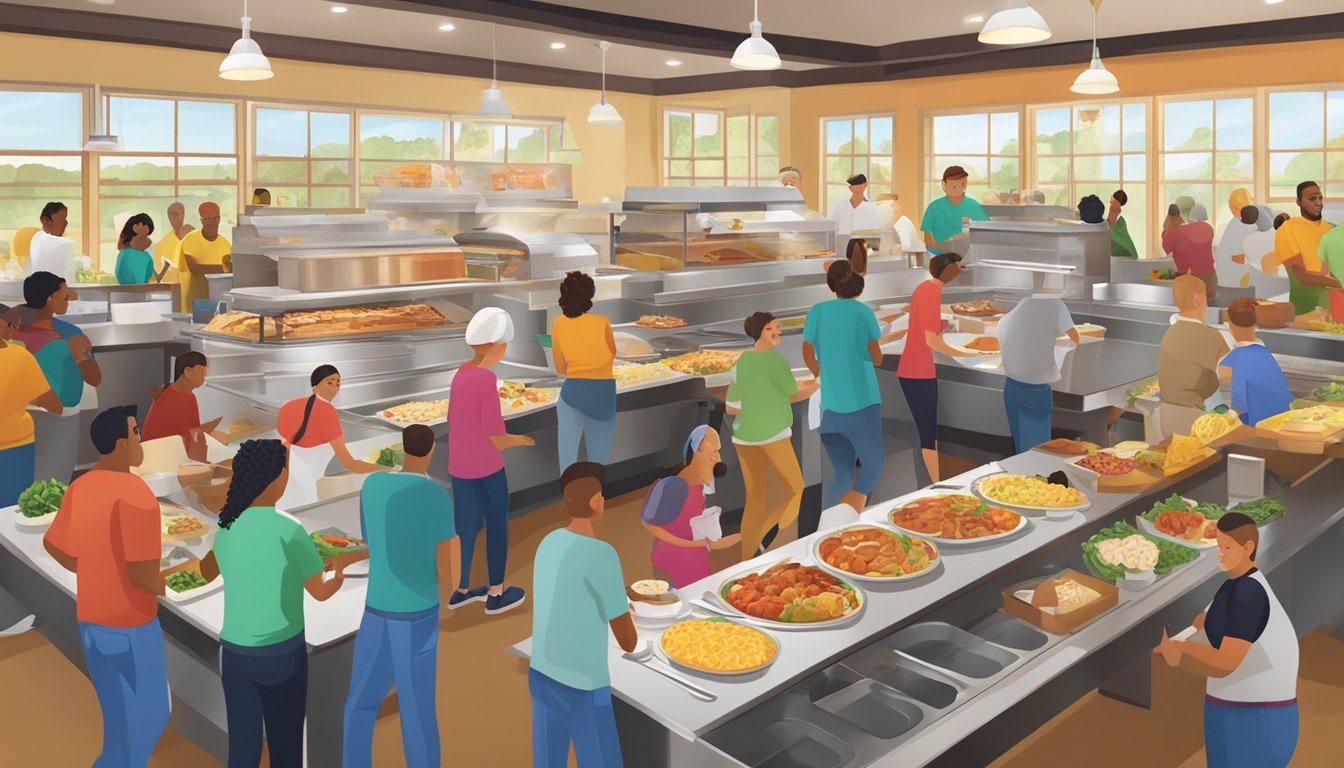 A bustling Golden Corral breakfast buffet with a variety of food stations and a diverse group of customers enjoying their meals