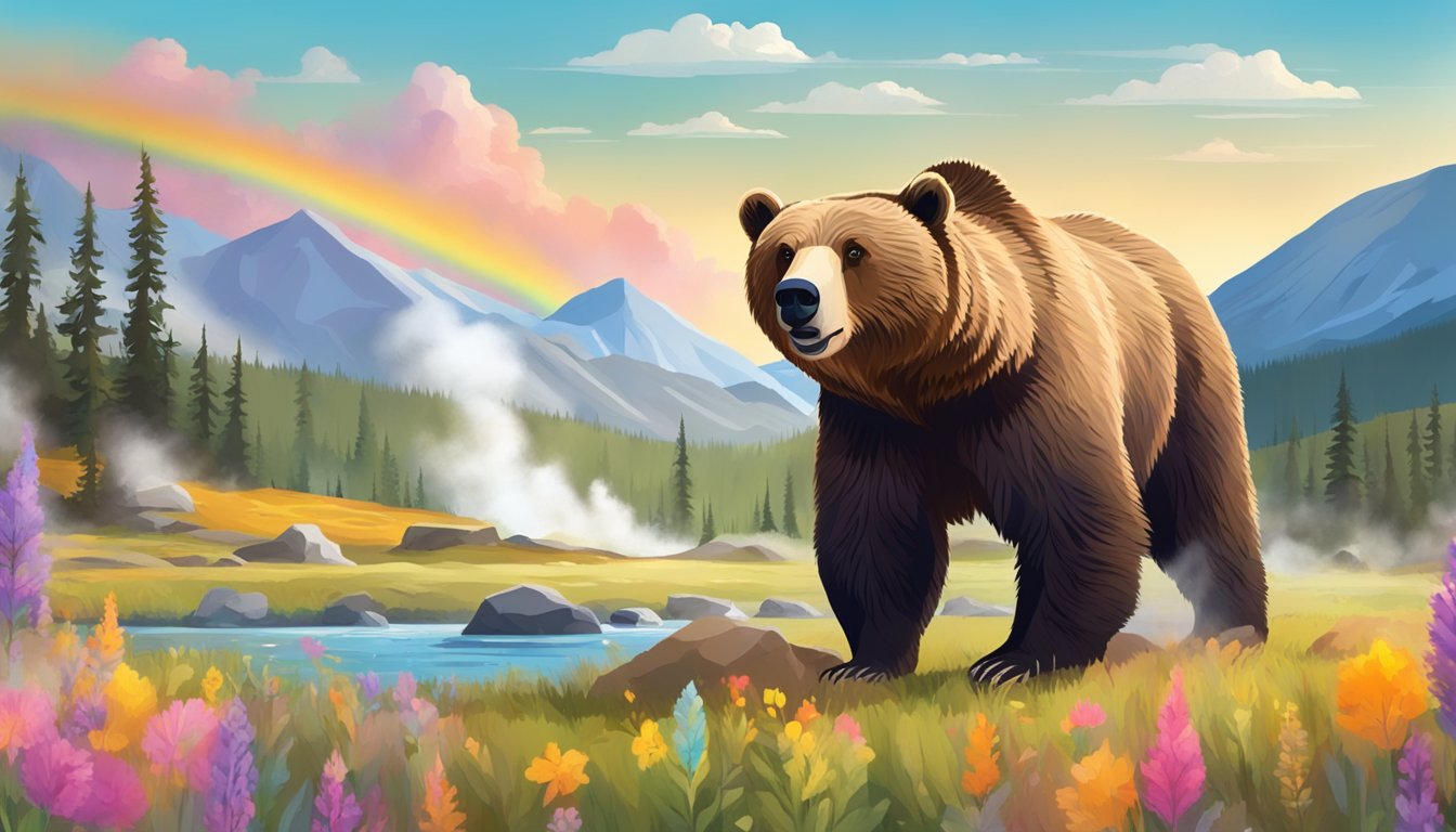 A grizzly bear roams through a colorful meadow, with geysers and mountains in the background. Tourists take photos and children play nearby