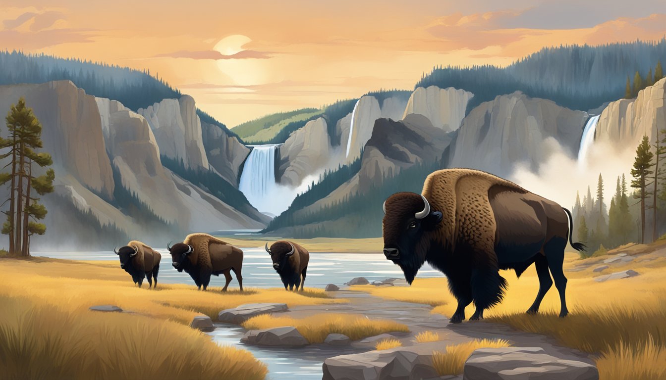 A family of bison roam the vast, rugged landscape of Yellowstone, with a powerful waterfall and iconic western rock formations in the background