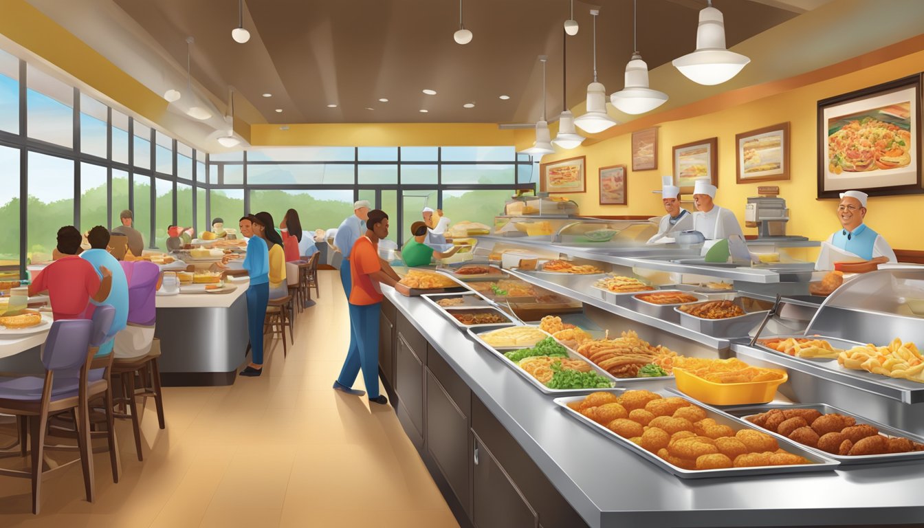 A bustling Golden Corral breakfast buffet with a wide array of food options, from traditional favorites to innovative dishes, all set against a backdrop of a bright and inviting restaurant atmosphere